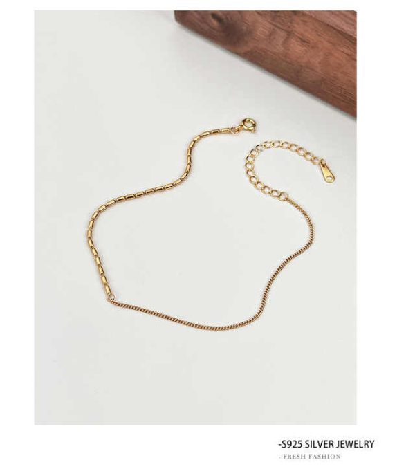 Manufacture Discount All-Match Fine Jewelry S925 Sterling Silver Gold Plated Minimalist Rice Beaded Link Chain Anklet