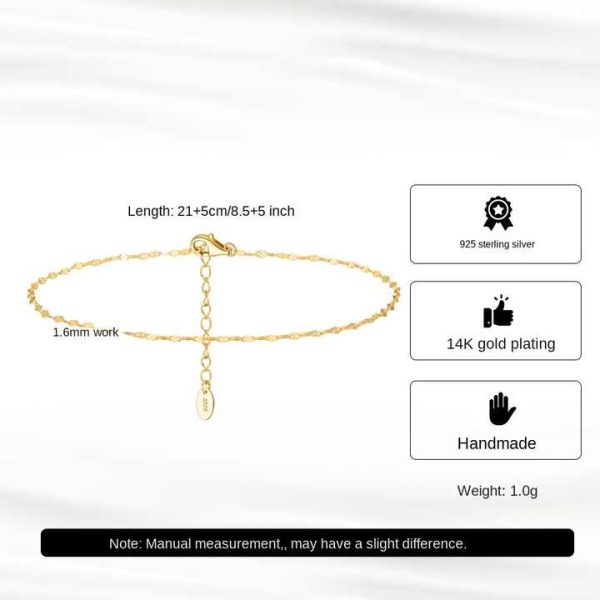 Factory Wholesale Fashion Jewelry S925 Sterling Silver 14k Gold Plated Anklet 30 Lip Chain 1.6mm Wide Adjustable Chain Anklet