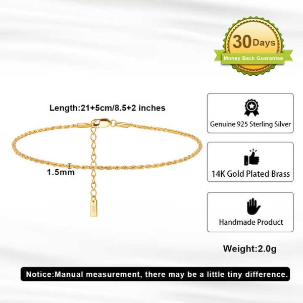 SA34 Summer Fine Jewelry Anklets for Women Gold Plated Rope Twist Chain 925 Sterling Silver Anklets Bracelet Anklet
