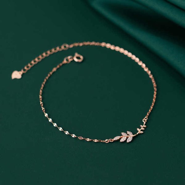 Cubic Zirconia Leaf Shape Rose Gold Plated 925 Sterling Silver Anklets Bracelets Summer Foot Fine Jewelry for Women