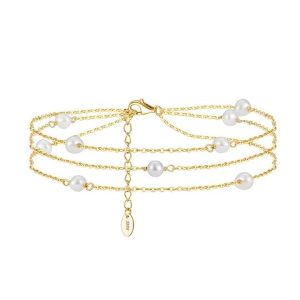 Fine Jewelry Anklets 925 Sterling Silver Fashion Jewelry Chain Freshwater Pearl 3 Latyers Chain Pearl Anklets for Women