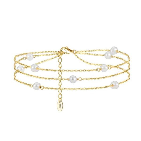 Fine Jewelry Anklets 925 Sterling Silver Fashion Jewelry Chain Freshwater Pearl 3 Latyers Chain Pearl Anklets for Women