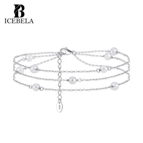 Fine Jewelry Anklets 925 Sterling Silver Fashion Jewelry Chain Freshwater Pearl 3 Latyers Chain Pearl Anklets for Women