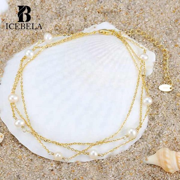 Fine Jewelry Anklets 925 Sterling Silver Fashion Jewelry Chain Freshwater Pearl 3 Latyers Chain Pearl Anklets for Women