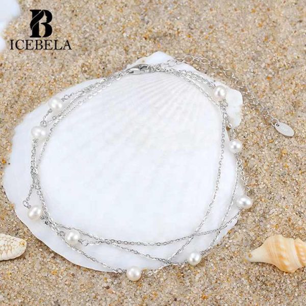 Fine Jewelry Anklets 925 Sterling Silver Fashion Jewelry Chain Freshwater Pearl 3 Latyers Chain Pearl Anklets for Women