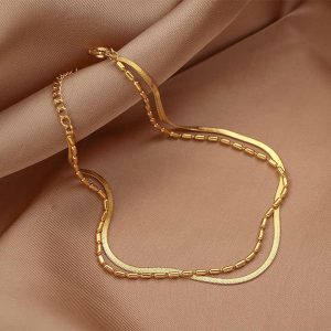 Double Layer Stainless Steel Snake Bone Chain Anklet for Women - Trendy Foot Jewelry with Crystal Rhinestone Accents