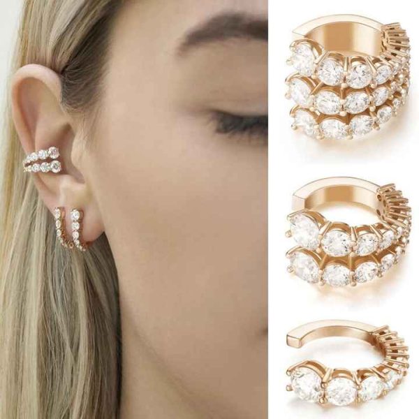 Stylish Brass Gold Plated Crystal Diamonds CZ Stone Cuff Earrings Clip on Non Piercing No Pierced Earring for Women