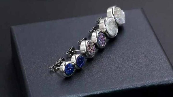 925 Sterling Silver Rhodium Plated Crystal Druse Stud Earrings for Women & Men