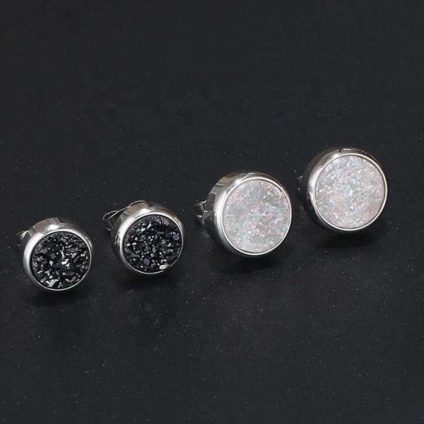 JEWELRY 925 Sterling Silver Beautiful Rhodium Crystal Druse Stud Earrings