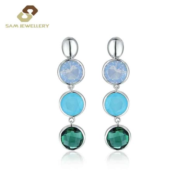 Three Colorful Stone Beaded Drop Earrings Women Stylish Turquoise and Emerald Silver Crystal Dangle Jewellery Earring