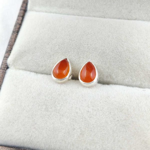 925 Sterling Silver Carnelian Pear ShapeGemstone Stud Earrings Birthstone Crystal Collet Stud Earrings Natural Gemstone Stud