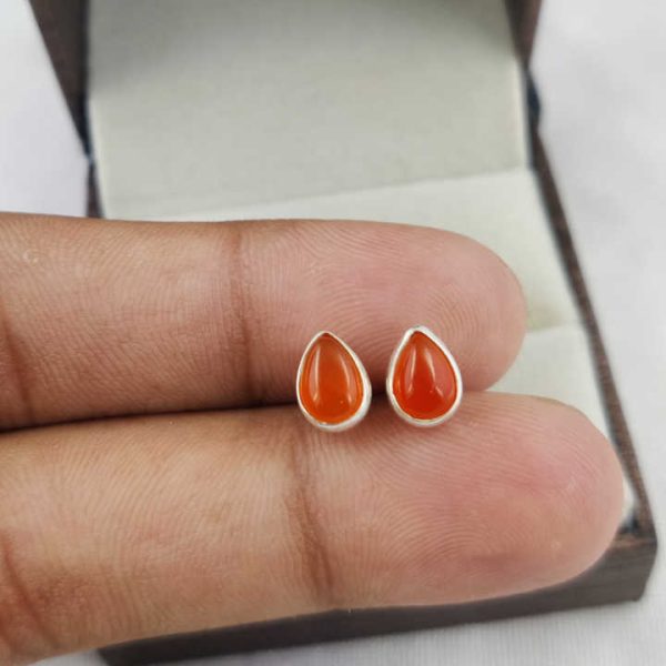 925 Sterling Silver Carnelian Pear ShapeGemstone Stud Earrings Birthstone Crystal Collet Stud Earrings Natural Gemstone Stud