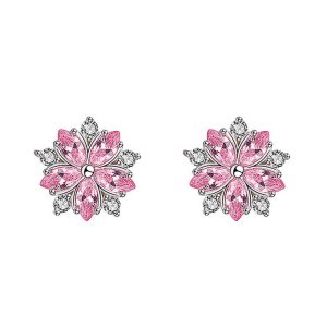 Custom 925 Sterling Silver Fashion Korean Sweet and Simple Pink Crystal Cubic Zirconia Flower Shaped Earrings for Women