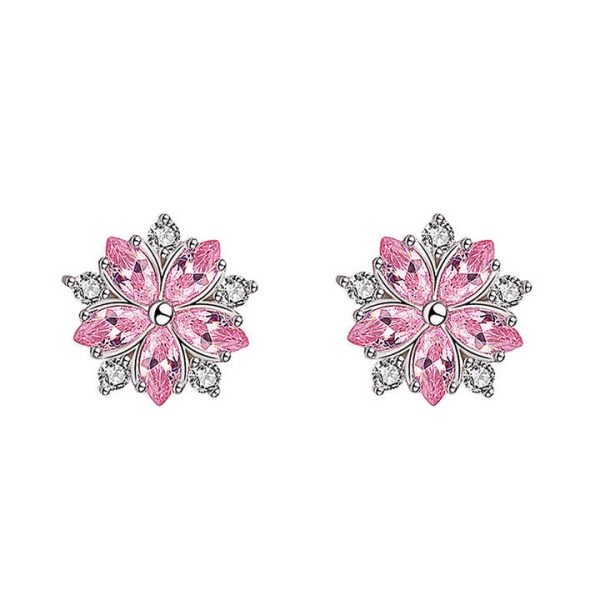 Custom 925 Sterling Silver Fashion Korean Sweet and Simple Pink Crystal Cubic Zirconia Flower Shaped Earrings for Women