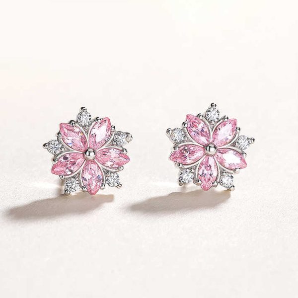 Custom 925 Sterling Silver Fashion Korean Sweet and Simple Pink Crystal Cubic Zirconia Flower Shaped Earrings for Women