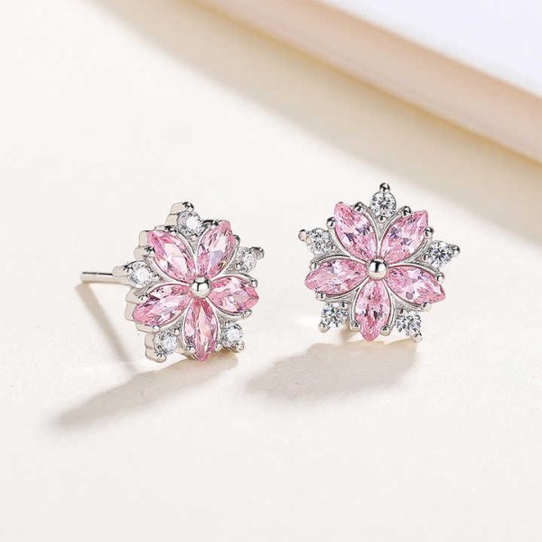 Custom 925 Sterling Silver Fashion Korean Sweet and Simple Pink Crystal Cubic Zirconia Flower Shaped Earrings for Women