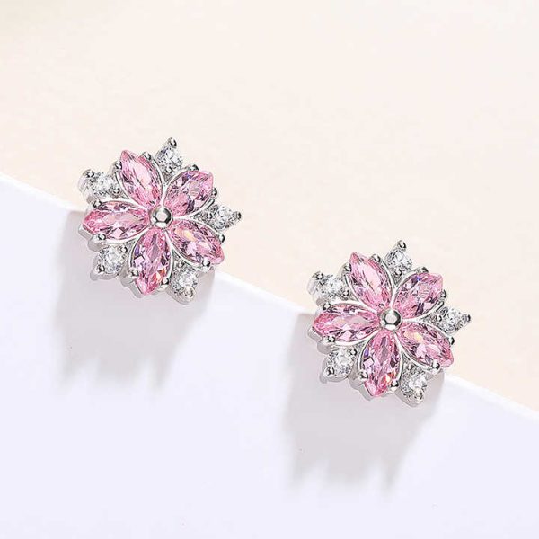 Custom 925 Sterling Silver Fashion Korean Sweet and Simple Pink Crystal Cubic Zirconia Flower Shaped Earrings for Women