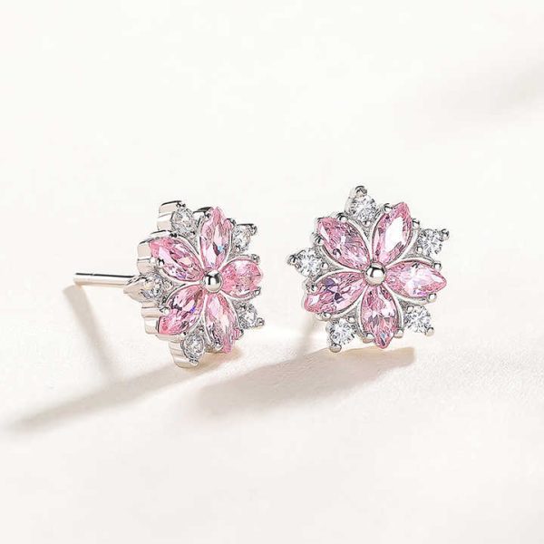 Custom 925 Sterling Silver Fashion Korean Sweet and Simple Pink Crystal Cubic Zirconia Flower Shaped Earrings for Women