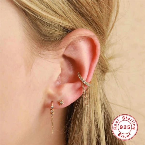 2022 New Trending Jewelry Crystal Double Chain Drop 925 Silver Cz Earring Cuff Gold Plated