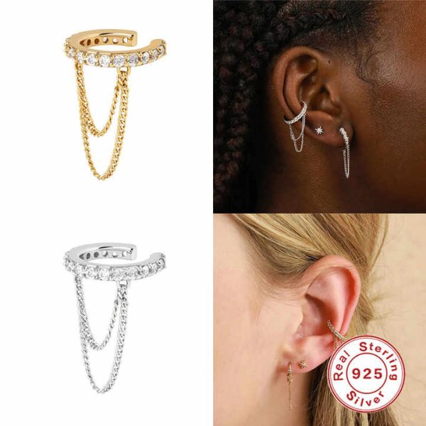 2022 New Trending Jewelry Crystal Double Chain Drop 925 Silver Cz Earring Cuff Gold Plated