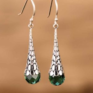 Silver 925 Earrings Retro Fashion Ladies Green Crystal Long Earrings and Earrings Pendant