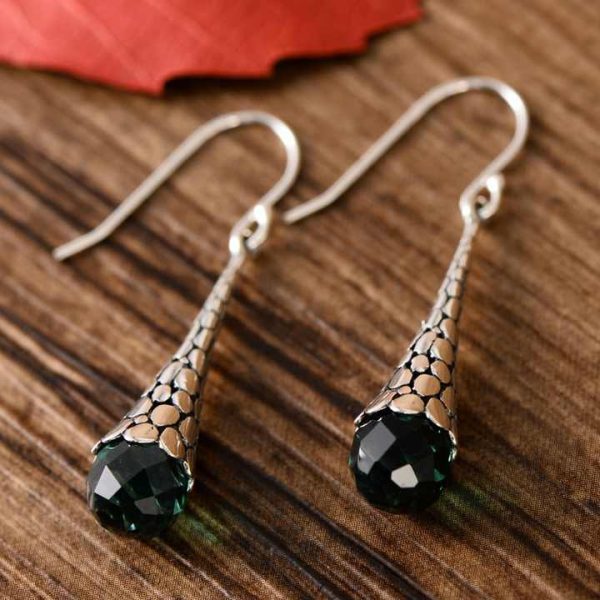 Silver 925 Earrings Retro Fashion Ladies Green Crystal Long Earrings and Earrings Pendant