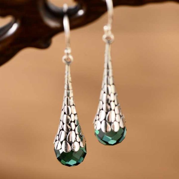 Silver 925 Earrings Retro Fashion Ladies Green Crystal Long Earrings and Earrings Pendant