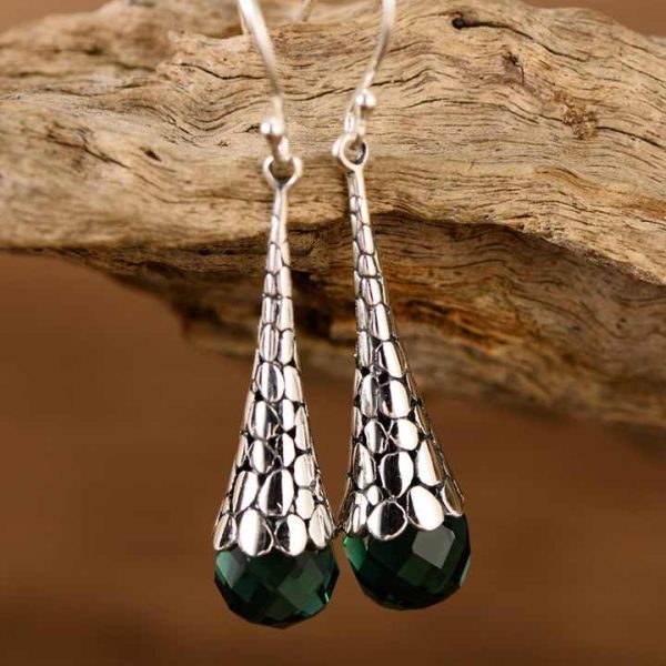 Silver 925 Earrings Retro Fashion Ladies Green Crystal Long Earrings and Earrings Pendant