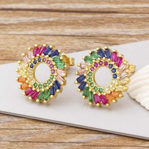 Trendy Gold Plated Zircon Stud Earrings for Women - Flower Shape Geometric Design Wedding Party Jewelry Gift