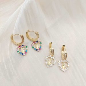 Trendy Gold Plated Copper Alloy Rhinestone Virgin Mary Charm Hoop Earrings for Women Unisex Rainbow Crystal Jewelry