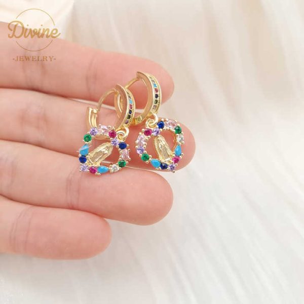 2022 Luxury Earrings Women Hoop Brass Crystal Rhinestone Rainbow Colors Zircon Virgin Mary Pendant Earrings