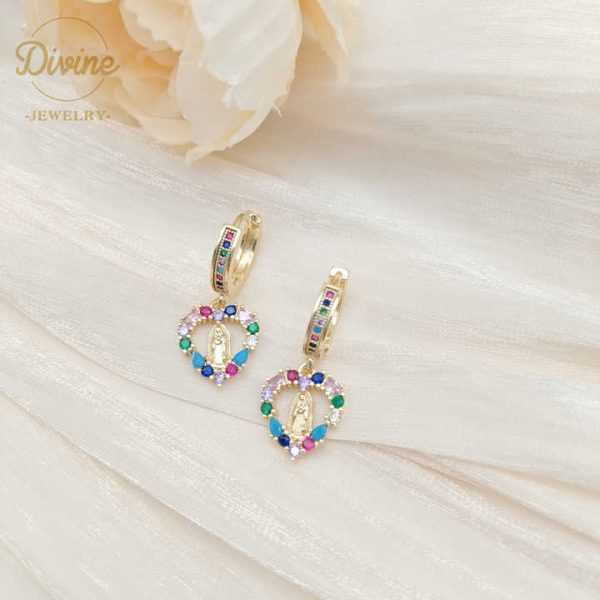 2022 Luxury Earrings Women Hoop Brass Crystal Rhinestone Rainbow Colors Zircon Virgin Mary Pendant Earrings