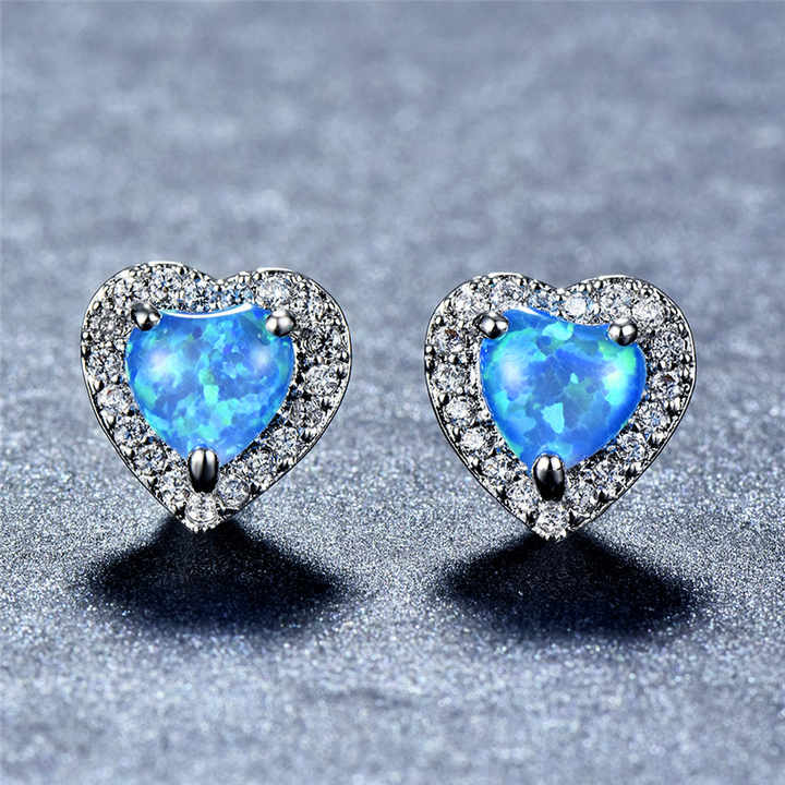 Fashion Female Love Heart Stud Earrings Vintage Silver Color Wedding Earrings for Women Cute Crystal Opal Stone Small Earrings