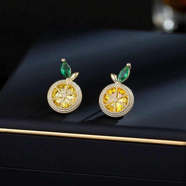 Summer Lemon Crystal Earrings Sweet Micro Pave Rhinestone Diamond Yellow Orange Fruit Earring Jewelry for Women