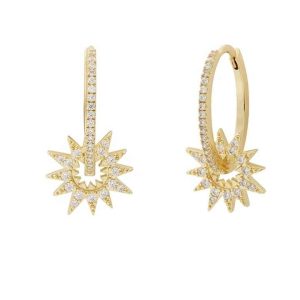 Trendy Starburst Hoop Earrings 925 Sterling Silver Gold Plated with Zircon and Crystal Accents