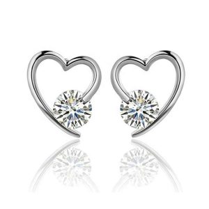 925 Sterling Silver Heart Cubic Zirconia Stud Earrings Rhodium Plated 10x10mm