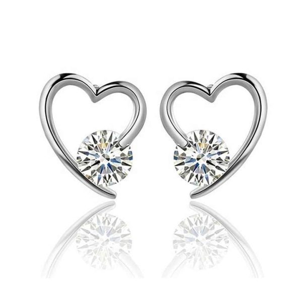 EZ09 Fashion Jewelry Silver Plated Hollow Heart Cubic Zirconia Stud Earring Crystal Hollow Heart Diamonds CZ Stud Earrings