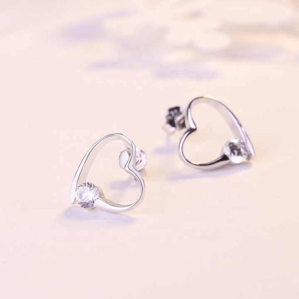 EZ09 Fashion Jewelry Silver Plated Hollow Heart Cubic Zirconia Stud Earring Crystal Hollow Heart Diamonds CZ Stud Earrings