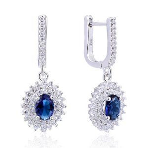 925 Sterling Silver Rhodium Plated Clip-On Earrings with AAA Crystal and Blue Sapphire Accents