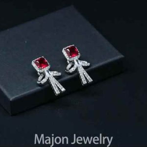 925 Sterling Silver Square Zircon Dangle Drop Earrings for Wedding Party Cute Red Crystal Jewelry Gift