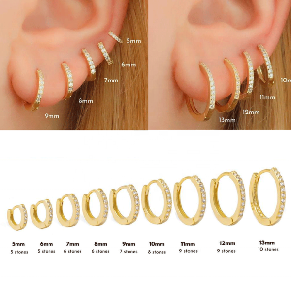 FUAMAY 925 Sterling Silver Gold Plated Multi Size Crystal Tiny Micro Pave Small Gold Hoop Huggie Baby Earrings