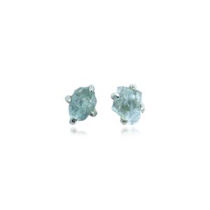 925 Sterling Silver Raw Blue Topaz Gemstone Stud Earrings Birthstone Crystal Prong Setting Stud Earrings Natural Shape Stone