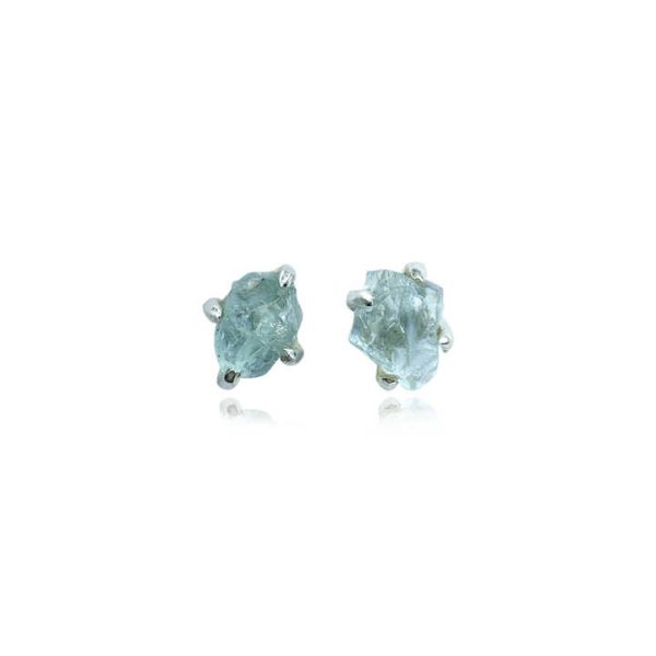 925 Sterling Silver Raw Blue Topaz Gemstone Stud Earrings Birthstone Crystal Prong Setting Stud Earrings Natural Shape Stone