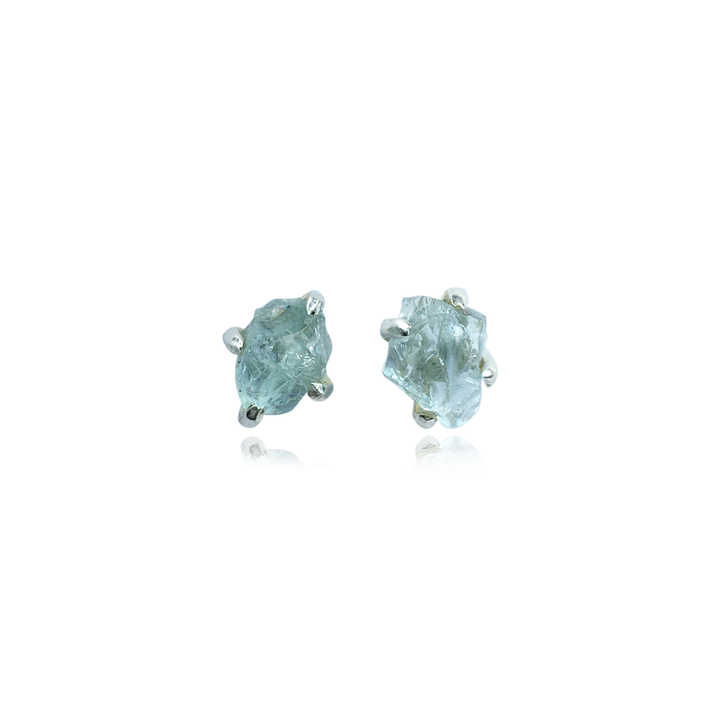 925 Sterling Silver Raw Blue Topaz Gemstone Stud Earrings Birthstone Crystal Prong Setting Stud Earrings Natural Shape Stone