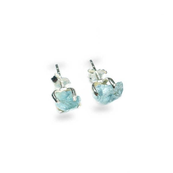 925 Sterling Silver Raw Blue Topaz Gemstone Stud Earrings Birthstone Crystal Prong Setting Stud Earrings Natural Shape Stone