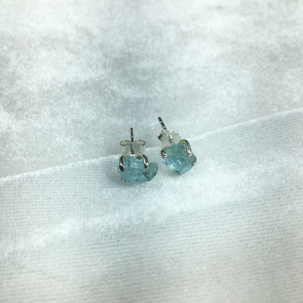 925 Sterling Silver Raw Blue Topaz Gemstone Stud Earrings Birthstone Crystal Prong Setting Stud Earrings Natural Shape Stone