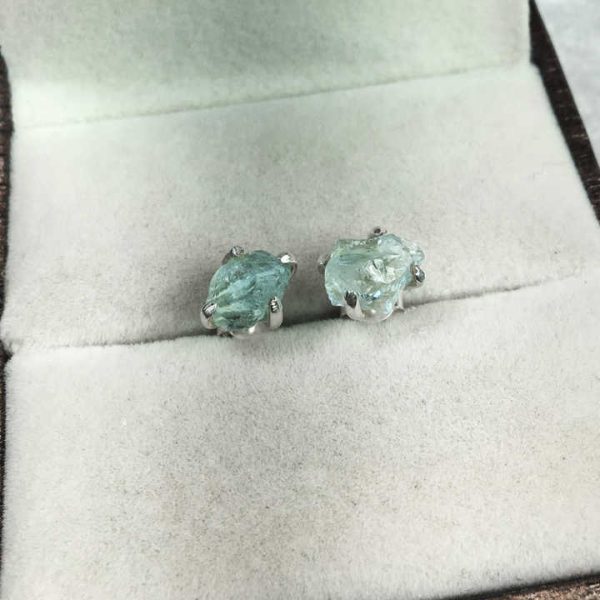 925 Sterling Silver Raw Blue Topaz Gemstone Stud Earrings Birthstone Crystal Prong Setting Stud Earrings Natural Shape Stone