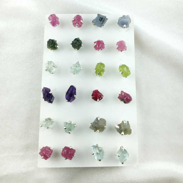 925 Sterling Silver Raw Blue Topaz Gemstone Stud Earrings Birthstone Crystal Prong Setting Stud Earrings Natural Shape Stone