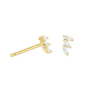 925 Sterling Silver Stud Earrings with Zircon Crystals, Gold Plated Trio Baguette Design