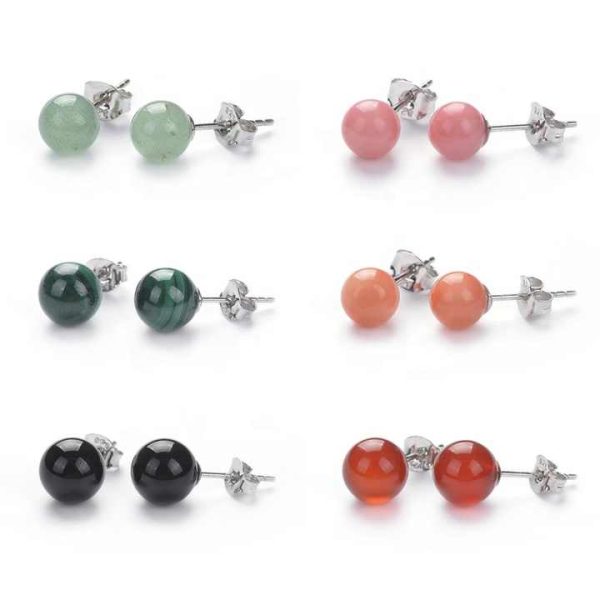 Cliobeads 925 Sterling Silver Jewelry 8mm Carnelian Malachite Amethyst Crystal Round Ball Natural Stone Stud Earrings